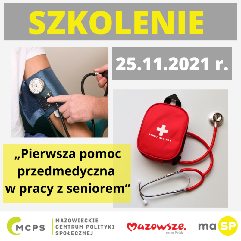 Info-grafika dotycząca szkolenia online - 25.11.2021 r. pt. "Pierwsza pomoc przedmedyczna w pracy z seniorem"