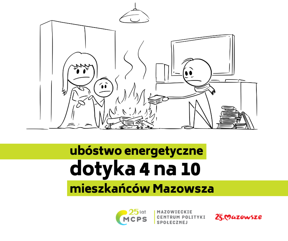 rysunek przedstawiający rodzinę palącą ognisko na środku mieszkania, poniżej napis: ubóstwo energetyczne dotyka 4 na 10 mieszkańców Mazowsza